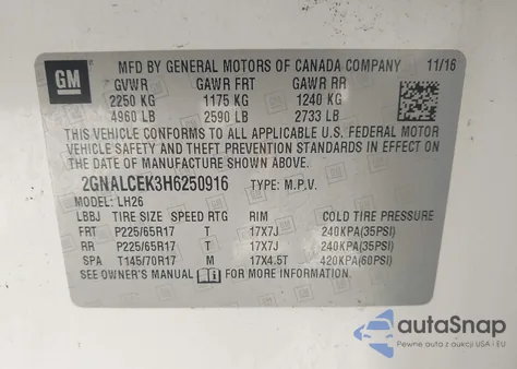 2017 Chevrolet Equinox Lt z USA, uszkodzony, nr VIN 2GNALCEK3H6250916